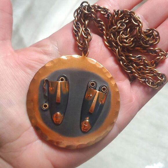 Vintage MCM Copper Rebejas Comedy Tragedy Copper Pendant Necklace - Picture 9 of 9